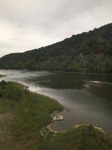Scenic Pennsylvania view on Amtrak Capitol Limited train. Railroad tracks are often laid along river routes.