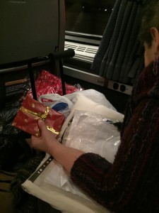 Grandma's on the train with gifts