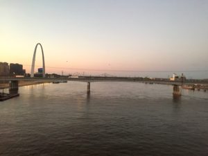 Amtrak Texas Eagle view of Gateway Arch on Mississippi River